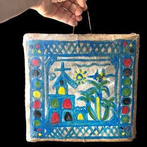 Vintage Hand Painted Wall Hanging Moroccan Adufe Hand Drum Folk Art Wall Decor